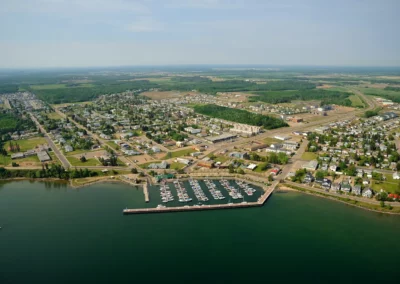 Aerial photo of Cold Lake, with downtown and marina